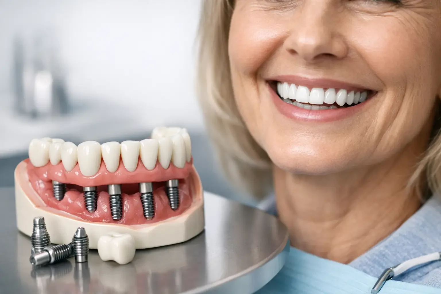 Modelo de implantes dentales junto a una sonrisa