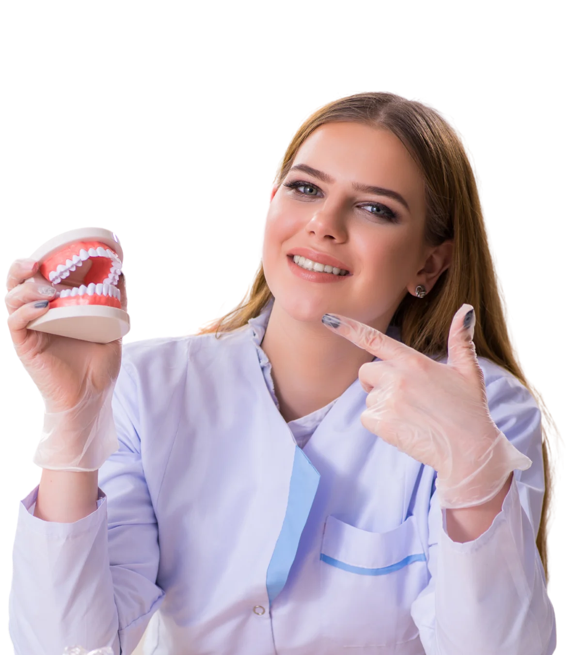 Ilustración fotográfica de una profesional explicando un modelo dental